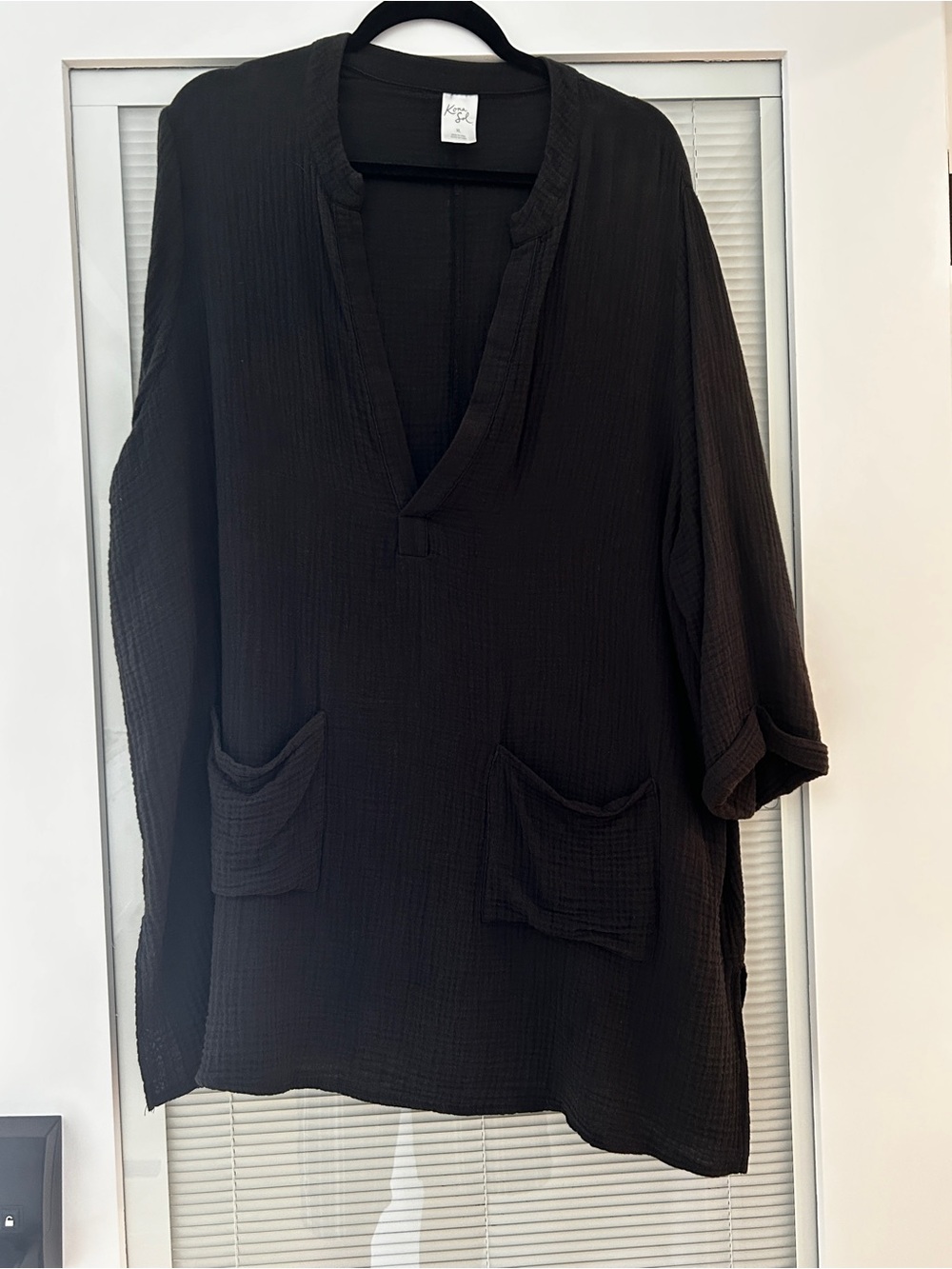 Kona Sol Black Split V-Neck Tunic with Front Pockets